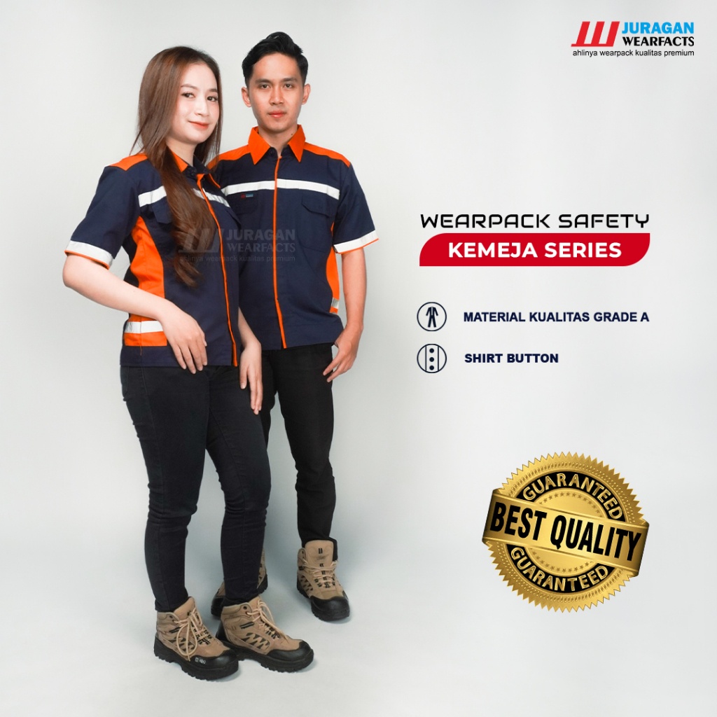 Grosir Juragan Wearfacts - Baju Wearpack Safety Lengan Pendek Warna Orange Kombinasi Biru Navy