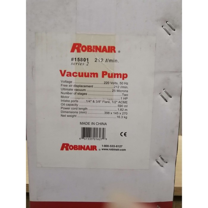Unik Vacuum Pump Robinair 15801 2Stage 1Pk