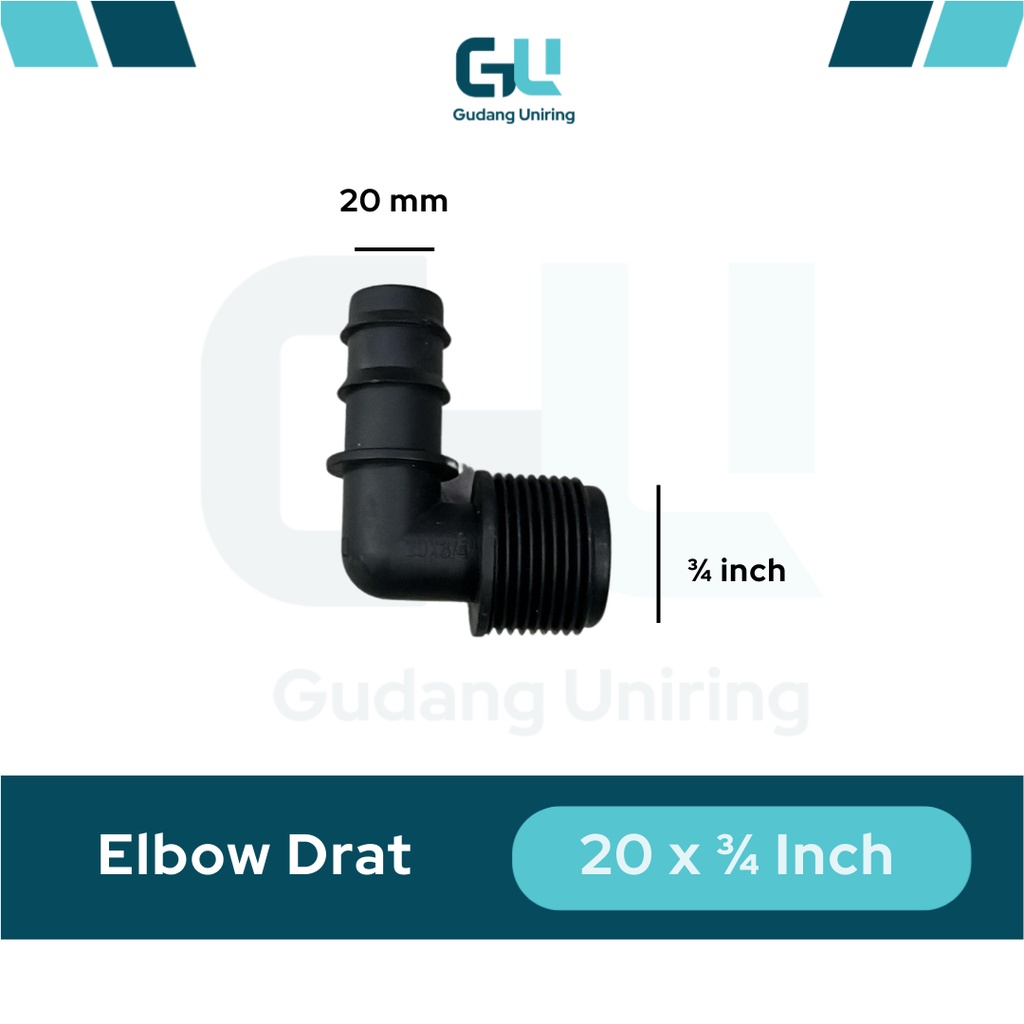 Konektor Drat L Elbow 3/4″ x 20 mm – sambungan pipa PVC 1/2″ ke selang PE 20 mm