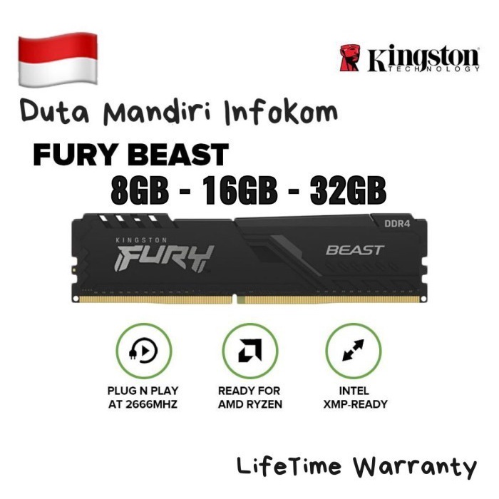 Ready Kingston Fury Beast DDR4 16GB 32GB 64GB PC25600 3200Mhz - Double RAM