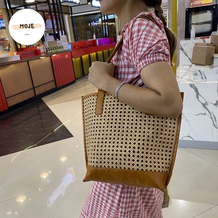 PREMIUM Tas rotan mix kulit sapi asli mode tote bag termurah by moje jogja