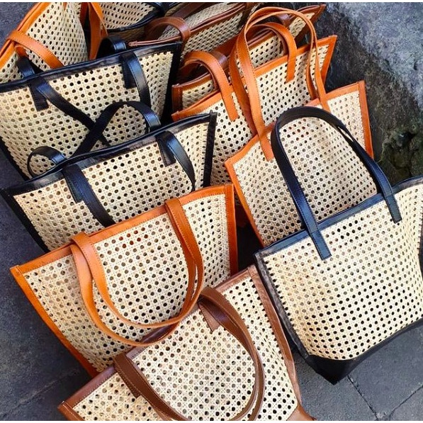 PREMIUM Hana Tote Bag - Tas Anyaman Rotan Kulit