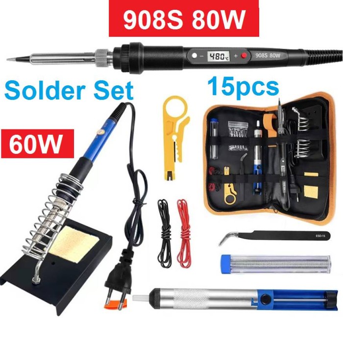 Solder Listrik Set Tas 15 Pcs Lengkap Iron Tool Kit 220V 60W/Solder Listrik Murah Paket Penyedot