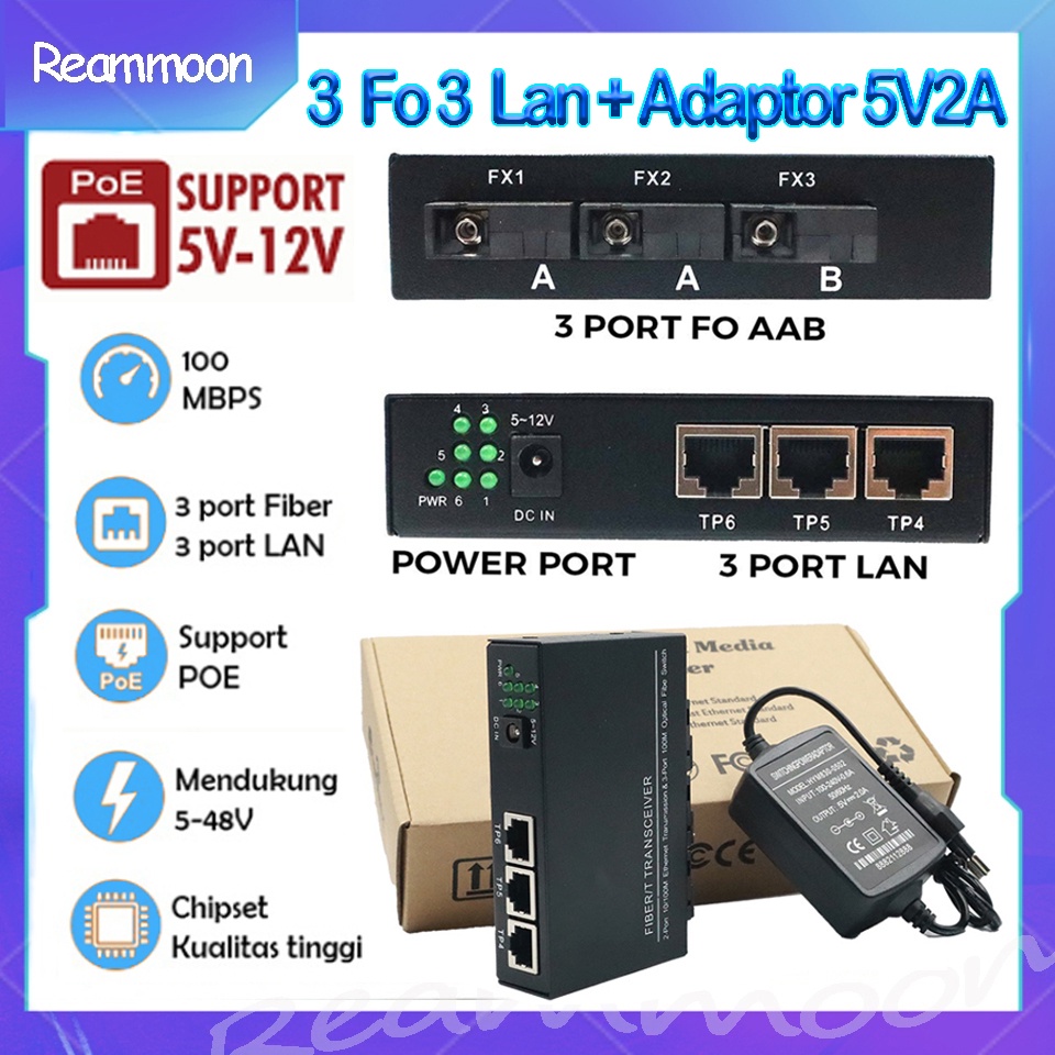 [POE] Converter 3 Fo 3 Lan Htb 3fo 3 lan 10/100M Ethernet Switch Fiber Optik Support POE 5V-12V
