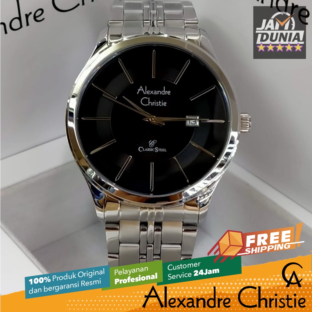 JAM TANGAN PRIA ALEXANDRE CHRISTIE ANALOG ORIGINAL STAINLES CLASSIC STEEL SILVER BLACK 8348 AC 8348 