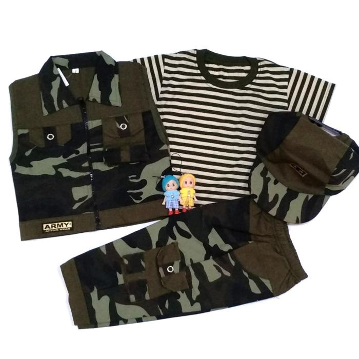 Baby Pesek Setelan Baju Anak Bayi Army / tentara / ABRI Cewek Cowok CP dengan Rompi + Topi