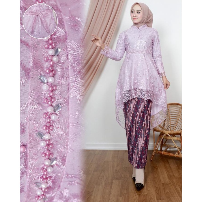 Hot Sale Setelan Kebaya Brokat Modern 2025 Kerah Shanghai Kombinasi Bordir Tille Payet Cocok Untuk