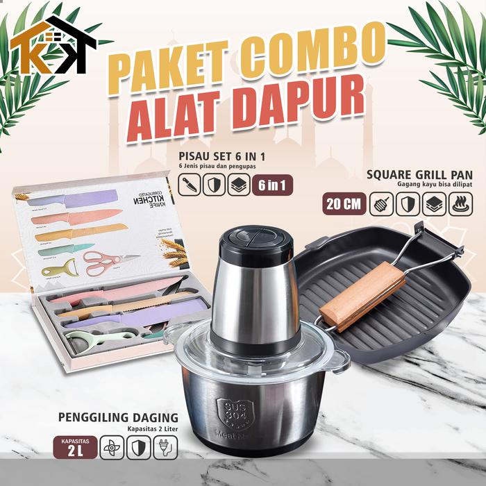 PREMIUM (KK) Combo Hemat Peralatan Blender Chopper 2L Penggiling Daging Stainless + Square Grill Pan