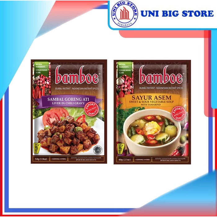 

ET564 Bamboe EXPORT Bumbu Instan Sambal Goreng Ati 54 gr Sayur Asem 60 gr STOK TERBATAS