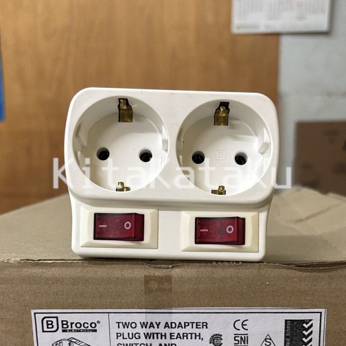 PREMIUM Over Steker Saklar Broco 13823 Adaptor Stop Kontak 2 Lubang dengan Arde dan Saklar Lampu