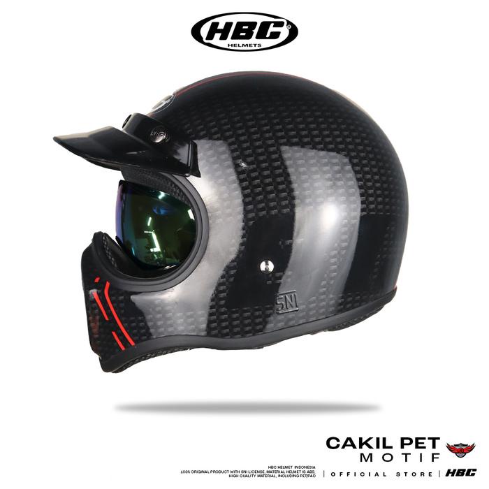 Helm HBC Cakil Pet Inner Visor MOTIF CARBON Helm Retro Full Face SNI
