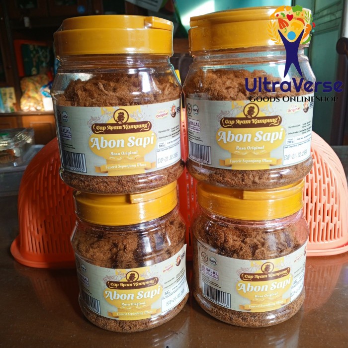 

Abon Sapi cap Ayam Kampung toples 200 gr / original & pedas HALAL