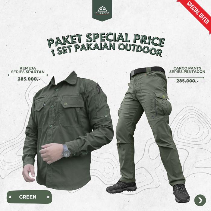 Paket Setelan Kemeja & Celana Angsana Elastis Quickdry Tactical Performa Panjang Pria - Khaki, M