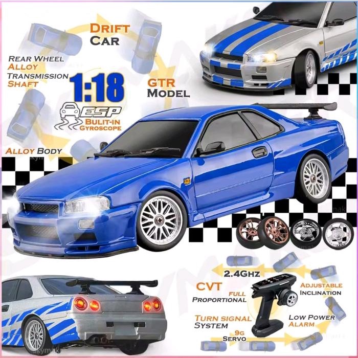 Ready Rc Drift Rwd Nissan Skyline Gtr R34 R-34 Body Metal Alloy Scale 1/18 Fast Furious Brian Remote