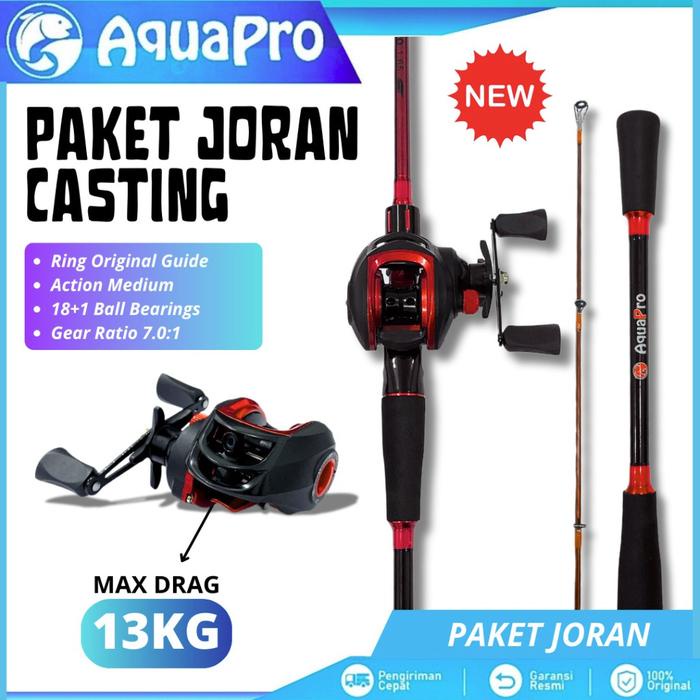 TERLARIS AQUAPRO 1 SET PAKET JORAN PANCING CASTING LURE FISHING ROD RED CARBON DAN REEL PANCING