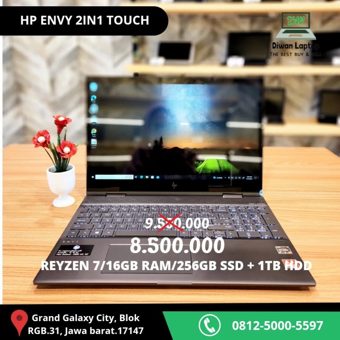 Laptop HP Envy X360 Ryzen 7 Ram 16GB SSD 256GB HDD 1TB Bekas Second *