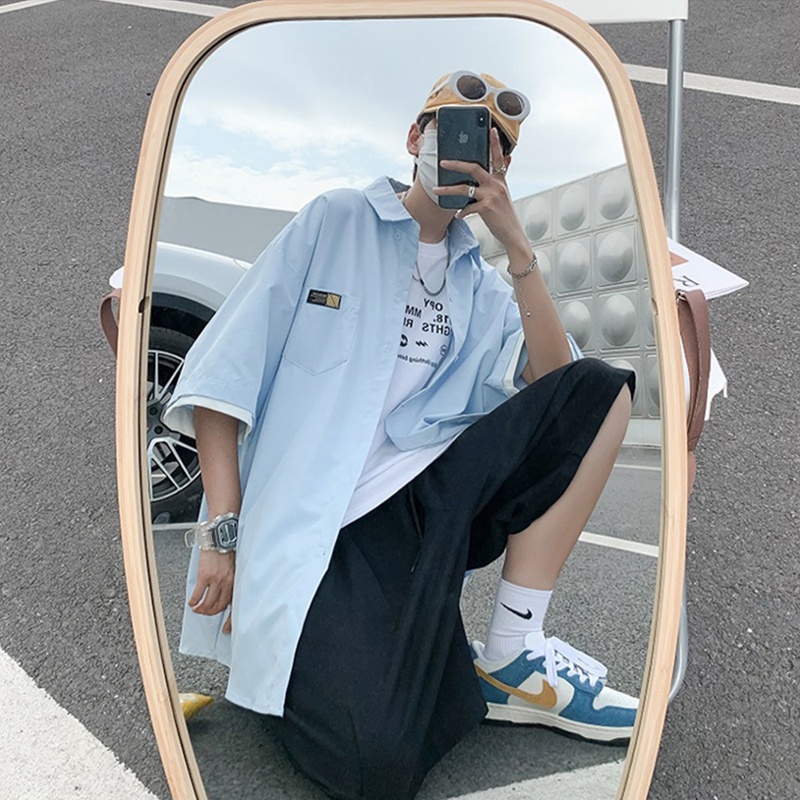 terbaru kemeja pria lengan pendek korean style oversize kemeja biru cowok kasual kemeja batik