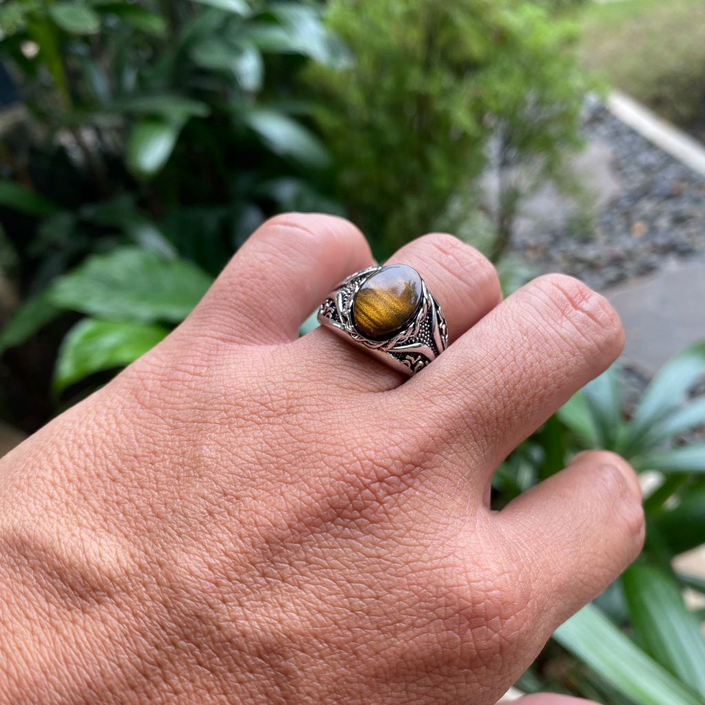 Cincin Batu Mata Harimau Kuning / Cincin Pria Mata Macan Tebal Kokoh Kuat Keren Macho / Yellow Ring