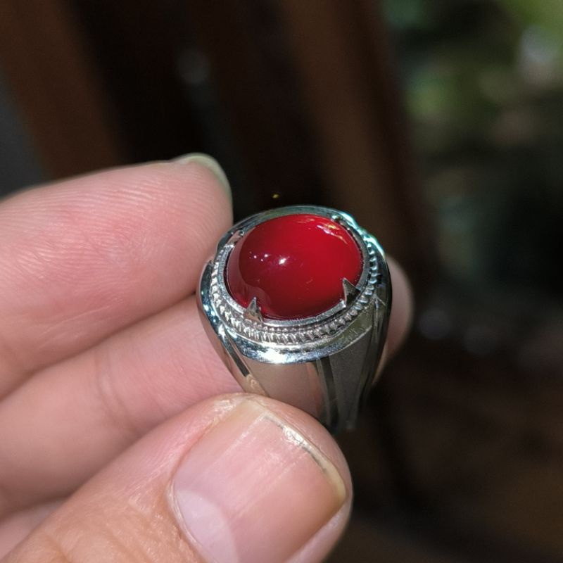 Cincin Batu Akik Natural Red Baron Pacitan Asli Merah Darah Ring Monel Doff Perak Handmade Elegan