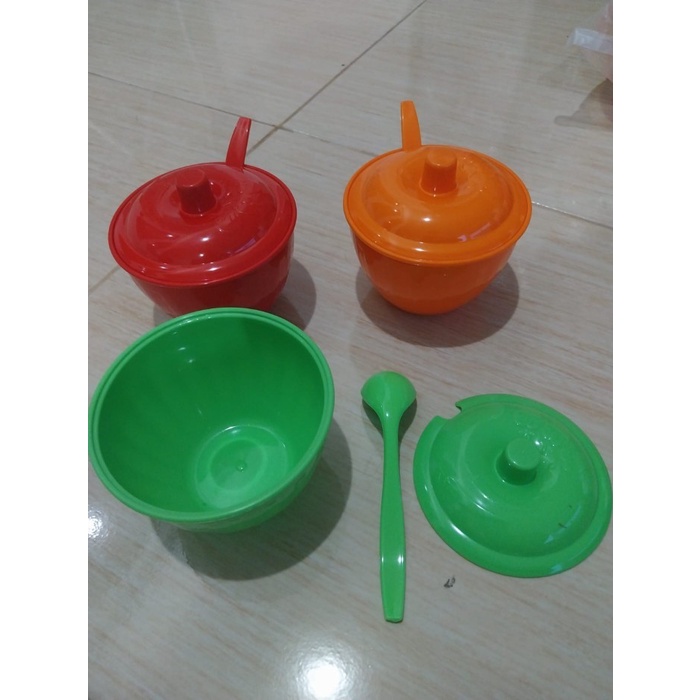(Expert) Tempat Wadah Sambel Mangkuk Plastik Tutup + Sendok Warna