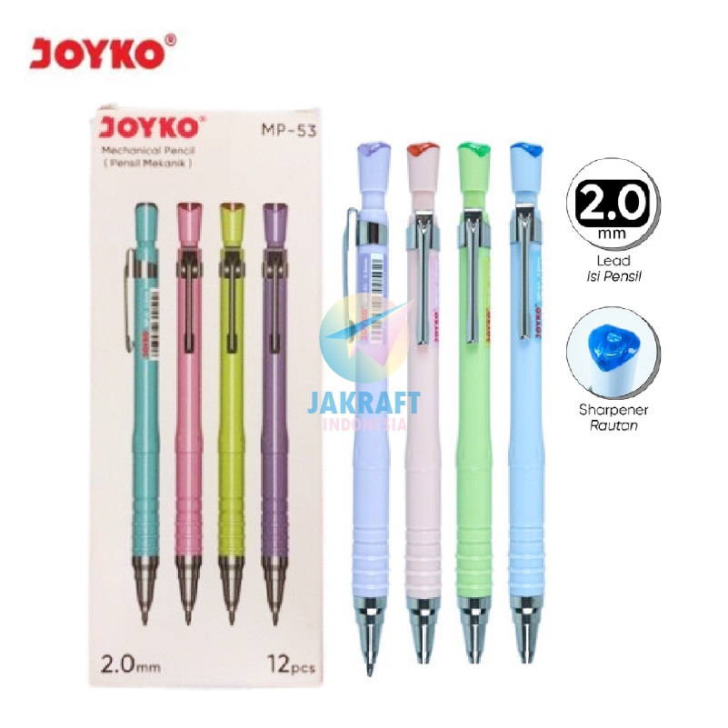 

(12 Pcs) GROSIR Pensil Mekanik 2B JOYKO MP-53 Pastel Color 2.0 mm Retractable Mechanical Pencil PACK