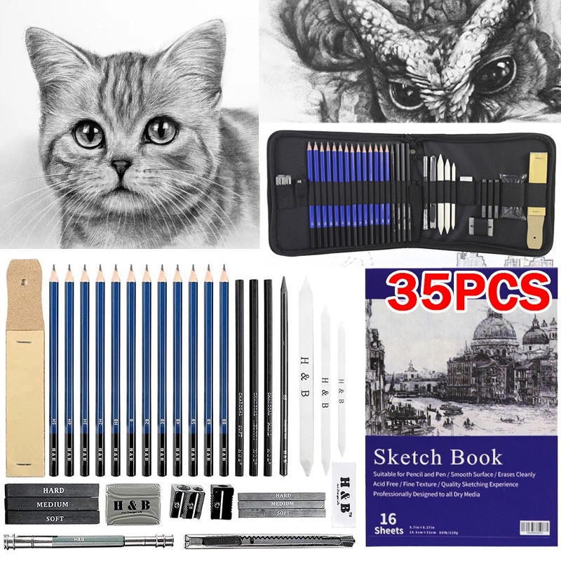 

35PCS/Set Sketch Pencil Pisau Penghapus dan Pensil Gambar untuk Keperluan Sekolah Pencil Drawing Set