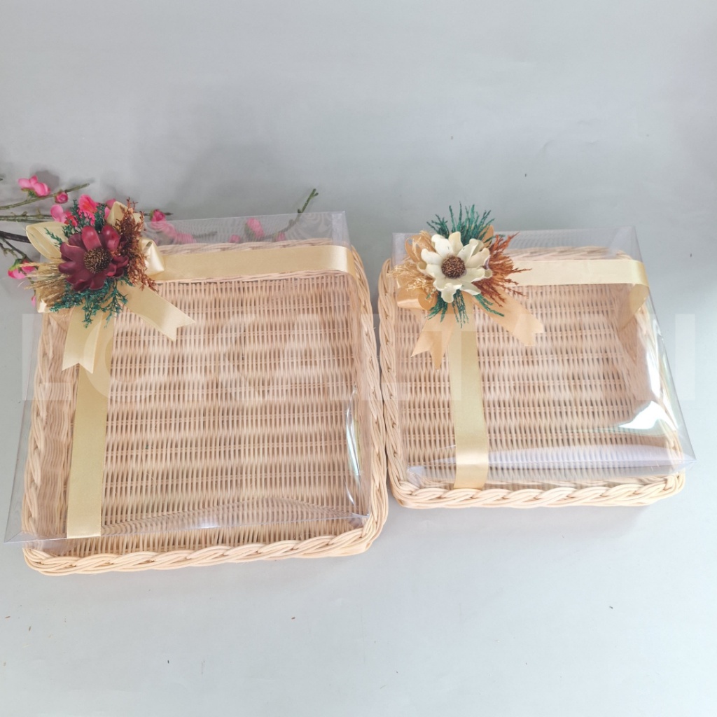 UM1 Nampan Rotan Kotak Mika/Nampan Hantaran/Nampan Kue mika 30CM & 25CM + Bunga Rustic C