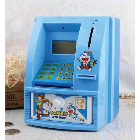 CELENGAN ATM MINI DORAEMON MESIN HITUNG SALDO UANG KERTAS DAN KOIN