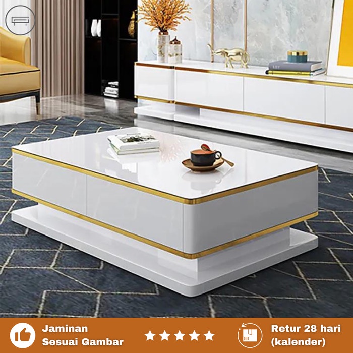 Meja Tamu Modern Minimalis - Bahan Kayu Jati dan Stainless Gold - HPL