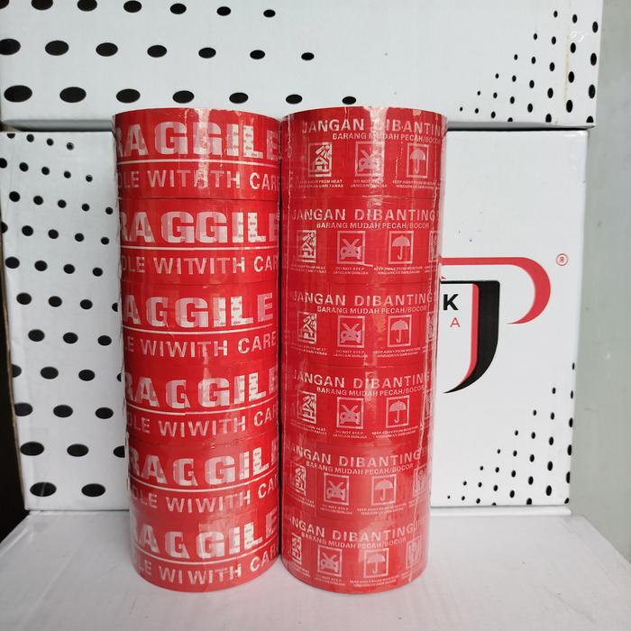 

1 LUSIN [ ISI 12 ] LAKBAN FRAGILE MERAH 48 MM X 100 YARD - JANGAN DI BANTING - JAGO PACK INDONESIA