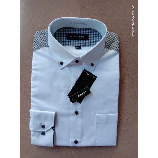 kemeja Alisan Dobby motif pundak kotak2 kecil lengan panjang slimfit