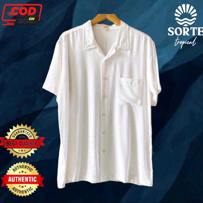 Navero-Baju Kemeja Pantai Hawaiian Pria Wanita Casual Motif Polos Putih Natural