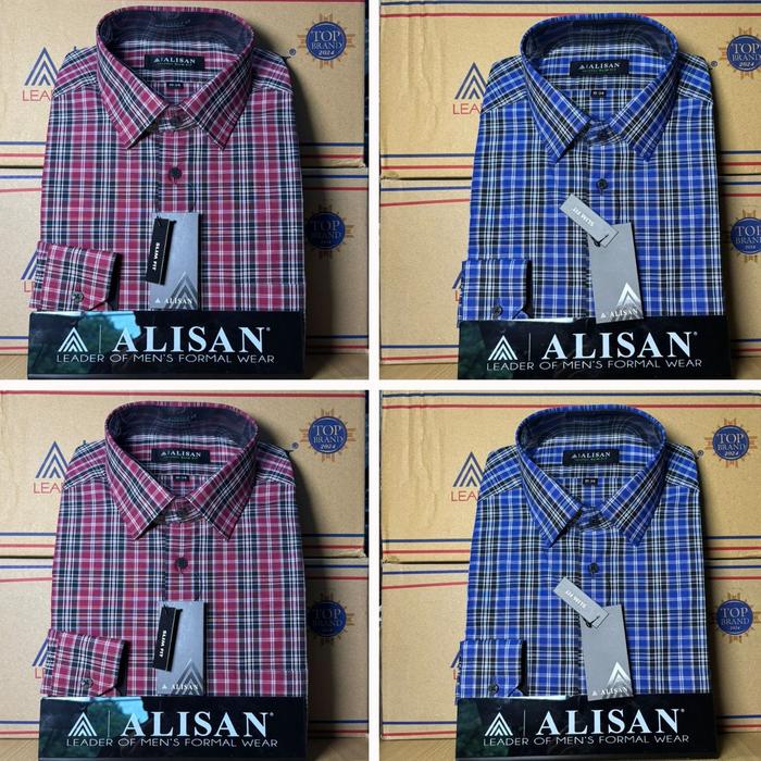 Zeno-Kemeja Alisan Lengan Panjang Slimfit Motif Navy dan Merah Hitam