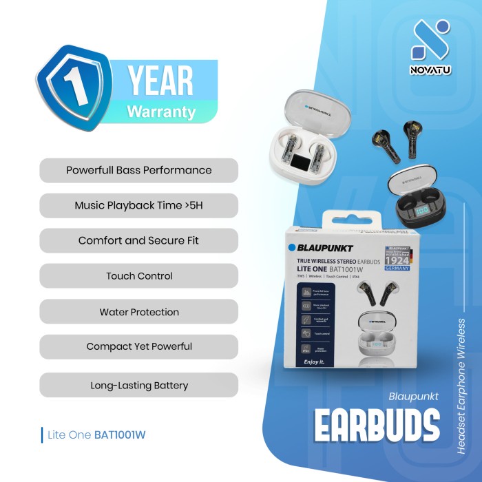 Blaupunkt TWS True Wireless Earbuds Headset Earphone Lite One BAT1001W Bluetooth 5.0 IPX4 Waterproof