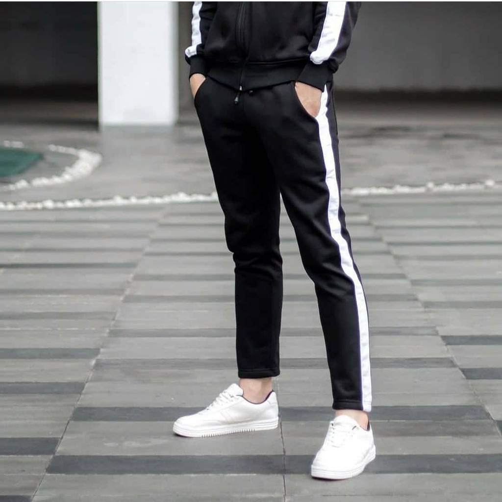 COD CELANA TRAINING PRIA WANITA 918 HITAM LIST PUTIH - JOGGER TRACKPANTS FLEECE TEBAL PREMIUM