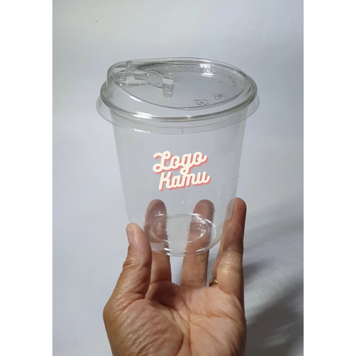 Sablon Cup Plastik Gelas Plastik 14 Oz Oval Pollycup SAP BSM + Tutup Strawless Lid
