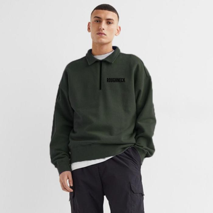 Outwear Sweater Pria Roughneck Berkerah / HalfZip Sweatshirt Army Bahan Fleece / Crewneck Casual