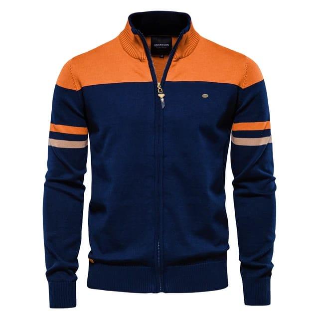 jaket Sweater Rajut Resleting Full Strip Pria Cowok Knitwear Tebal Hitam Crewneck Panjang Kerah