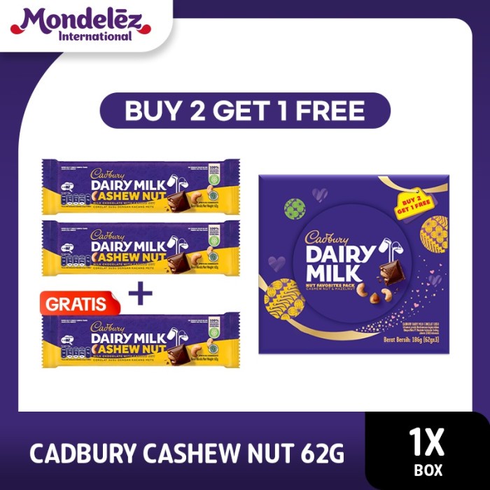 

Kuliner.Kita Cadbury Cokelat Dairy Milk Cashew Nut 62 Gr [Buy 2 Get 1]