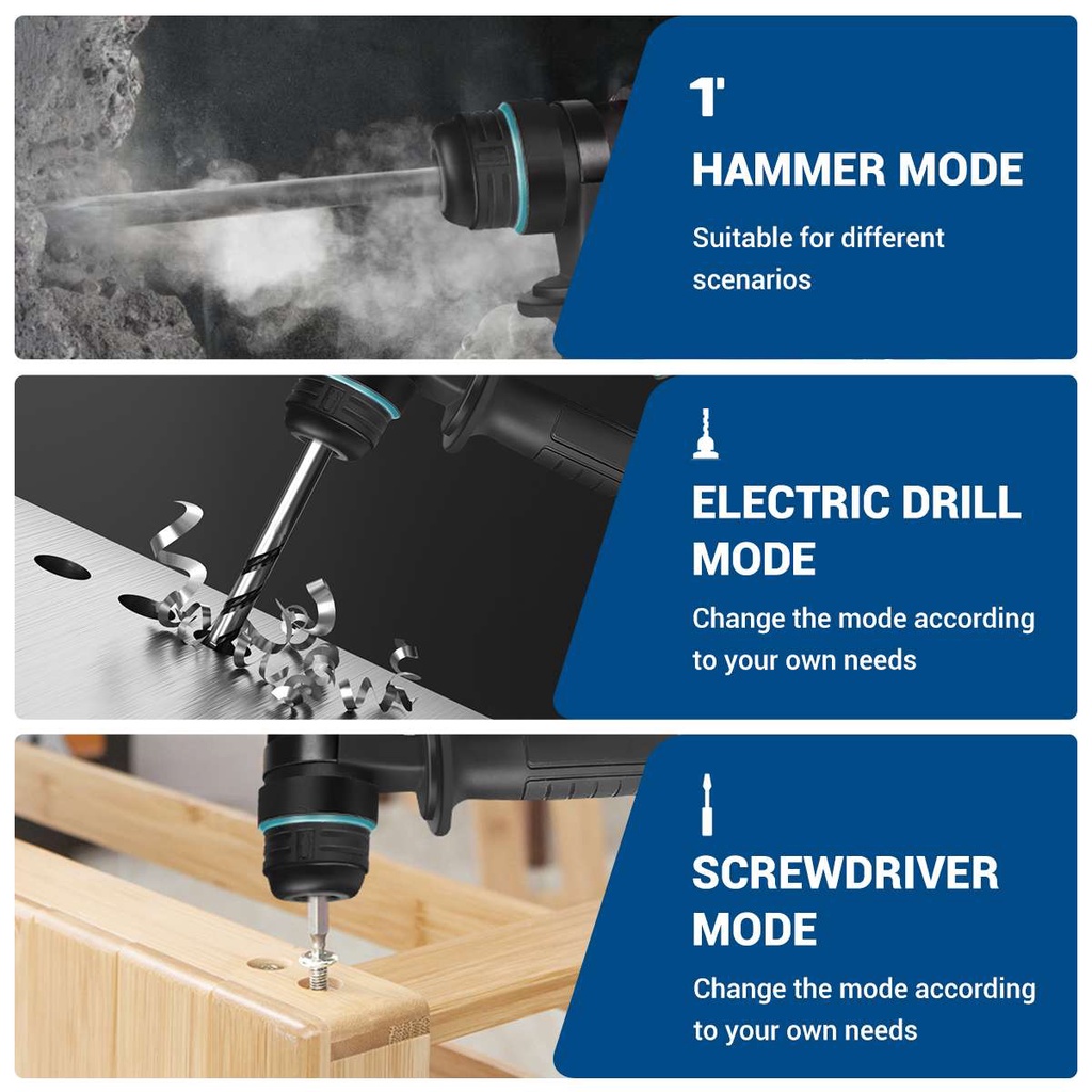 Drillpro 26mm Brushless Cordless Rotary Hammer Impact Drill Handheld Electric Hammer Drill Impact