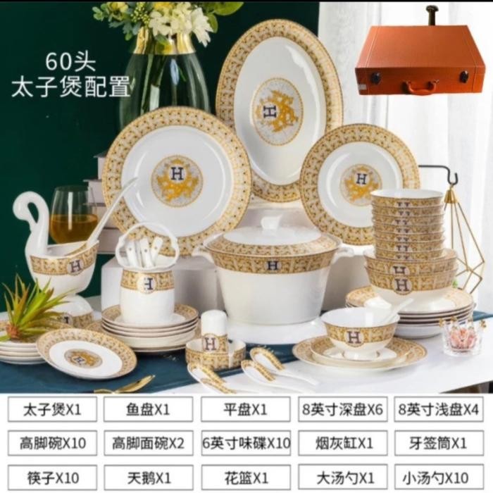 TERLARIS Piring Makan Hermes Set Keramik Isi 60 pcs / Hadiah Kado Wedding Mewah