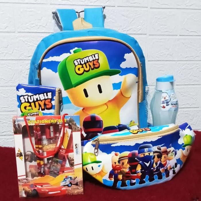 Cutix-tas stumble guys free alat tulis + botol minum + tas pinggang