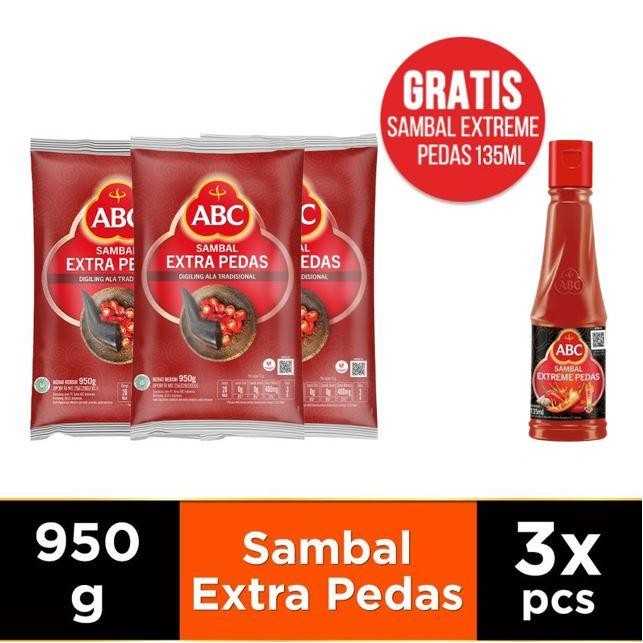 

BisaInstan- ABC Sambal Extra Pedas 950 g Multi Pack 3 pcs Free ABC Sambal Extreme Pedas 135 ml