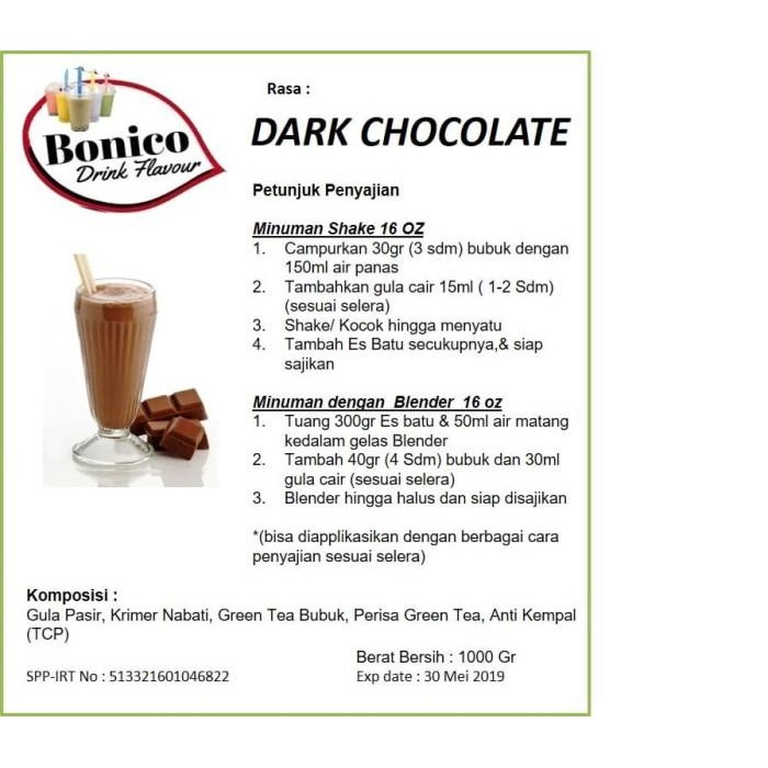 

Terlaris- Bonico Dark Chocolate 1Kg Bubuk Minuman Drink Powder Milk Shake Coklat