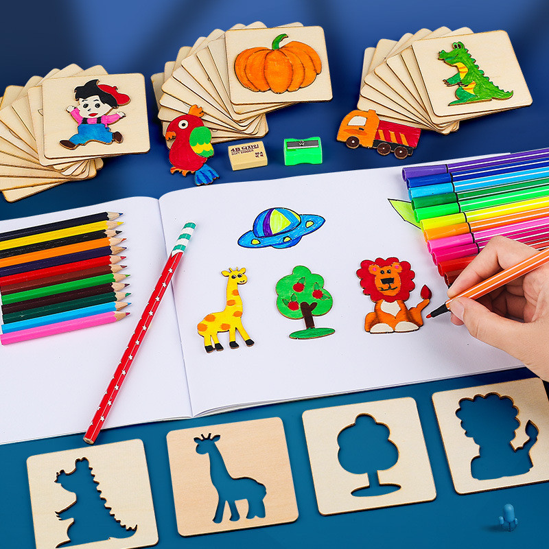 

Kids Montessori Drawing Toys 20/32Pcs Diy Painting Stencils Template Wooden Craft Puzzle Toys