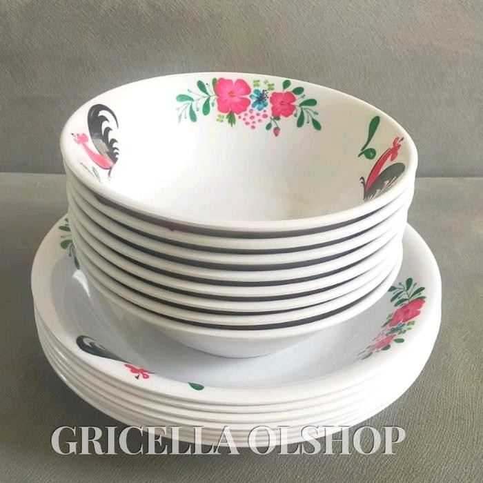 TOP PAKET HEMAT 1 LUSIN PIRING MAKAN DAN MANGKUK AYAM JAGO MERK SINGASINGI BAHAN ASLI MELAMIN -