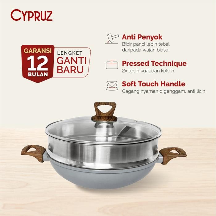 ready stok cypruz kuali + steamer kuali tutup kaca wajan anti lengket penggorengan teflon kukusan
