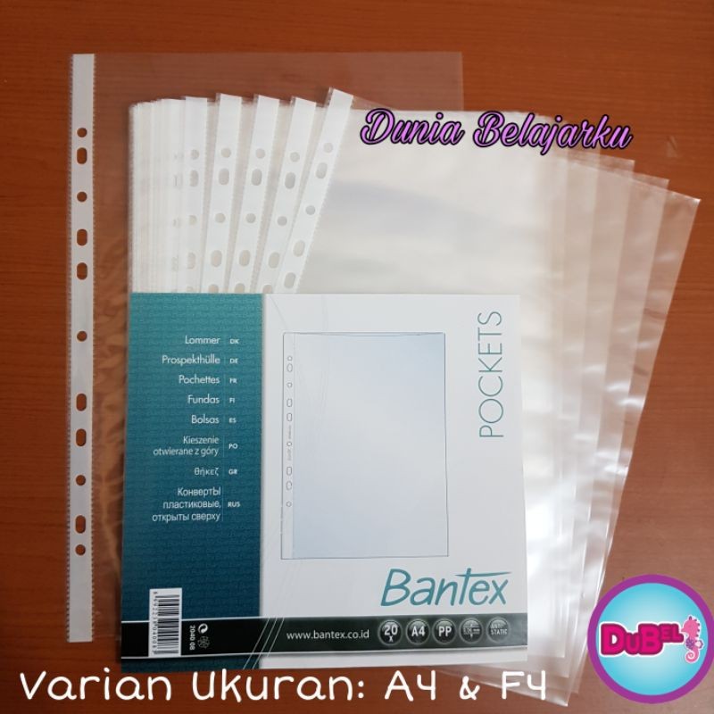 

[1 Pack isi 20 Lbr] PP Plastik Pocket Bantex F4 dan A4 Bening / Clear / Tebal 0.06mm / Anti Static