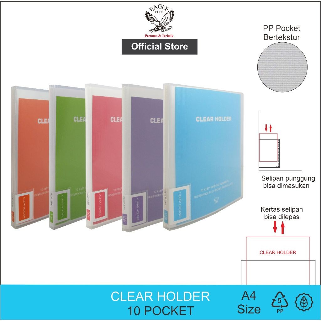 

Clear Holder 10 Pocket EAGLE A4 Dokumen Keeper Display Book Document Keeper Warna Neon E 326 A
