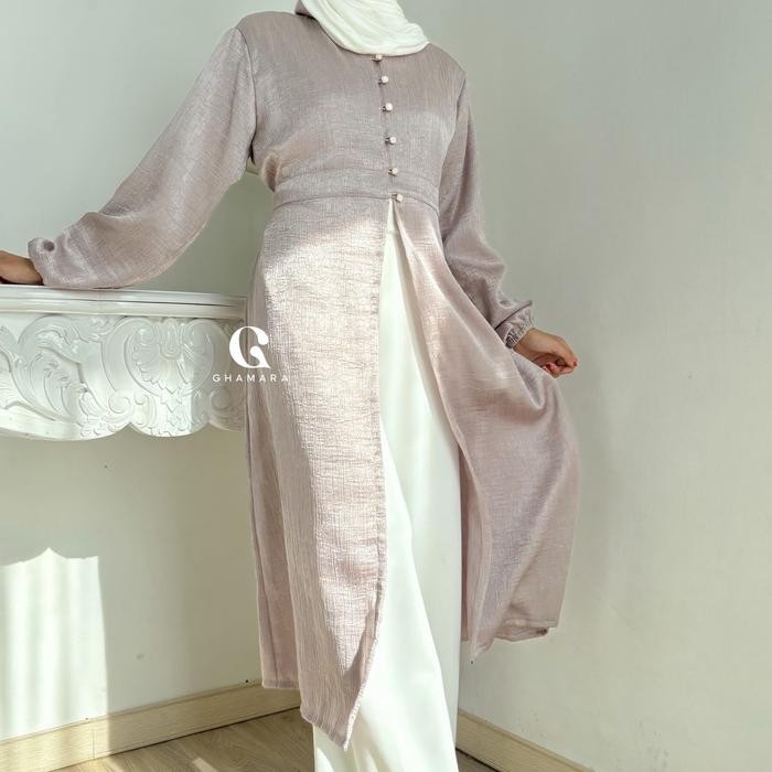Syamira- Ghamara Shoya tunic tunic Kain silk satin wanita Muslim Panjang Mewah